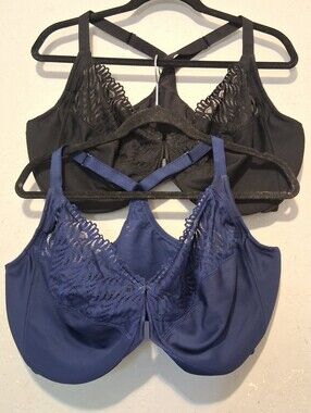 Glamorise Set 2pcs Lace Bra Wonder Wire Underwire Blue 44H And Black 44F